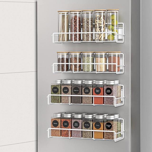 HuggieGems 4 Pack Magnetic Spice Rack Organizer for Refrigerator and Microwave Oven, Metal Fridge Shelf for Kitchen, White