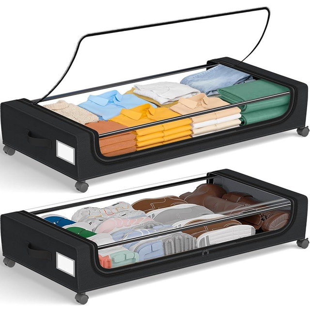 GoMaihe Under Bed Storage with Wheels: 70L Underbed Storage Containers with Clear Lids - Rolling Drawers & Bins for Shoes Clothes in Dorm Bedroom - Space-Saving Easy Pull-out Black 2-Pack