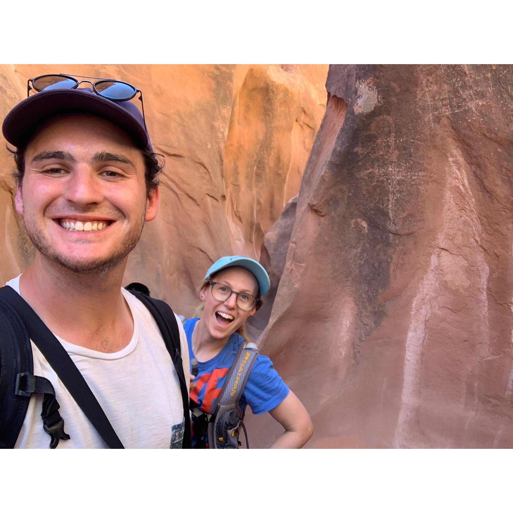 Our adventure in the Slot Canyon hike. Would not recommend to drive a lil ole Prius on a 14 mile unpaved road. As the night bus from Harry Potter would say, "It's gonna be a bumpy ride!"