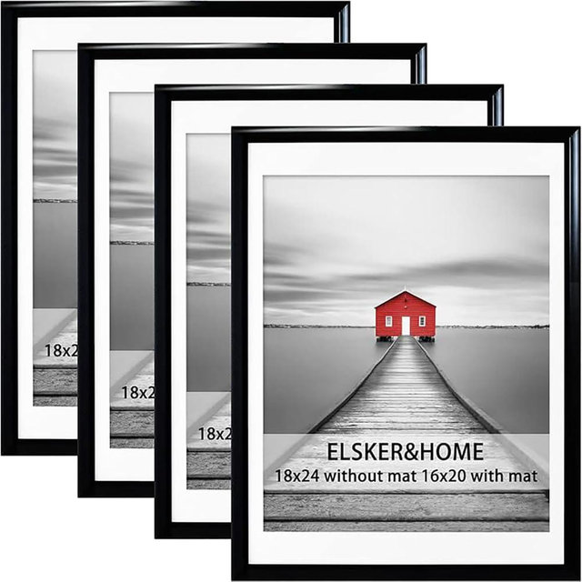ELSKER&HOME 18x24 Frame 4 Pack, 18x24 Poster Frame Black Display Pictures 16x20 with Mat or 18 by 24 Photos without Mat