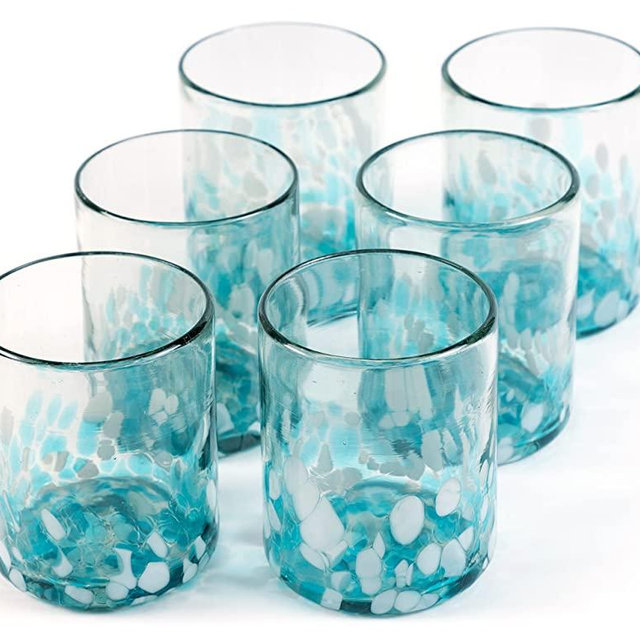 Handmade con Amor - 12 oz Hand Blown Mexican Drinking Glasses - Set of 6 tumblers, 12 fl oz each, Ocean-Blue Confetti