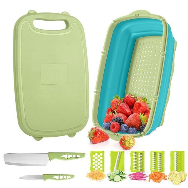 Gintan Camping Cutting Board, 9-in-1 Collapsible Chopping Board with Colander, Gifts for Campers Happy Camper,Camping Accessories for RV Campers