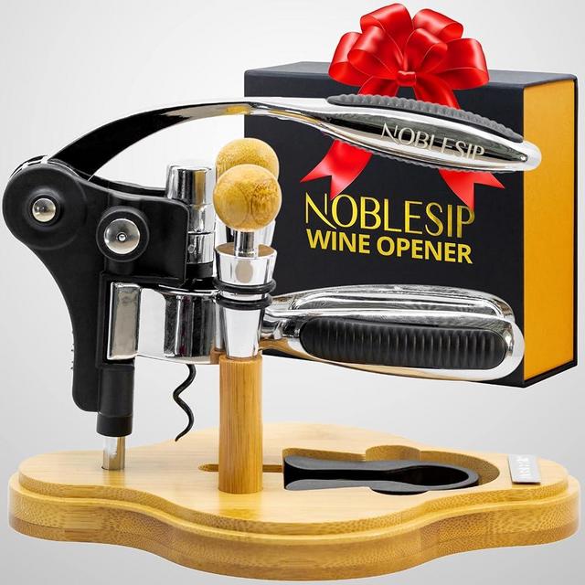 Wine Opener Set with Wood Stand, Gift Box, 𝗣𝗥𝗘𝗠𝗜𝗨𝗠 NOBLESIP: Rabbit Corkscrew, Foil Cutter, 2 Bottle Stoppers. Easily removes all corks. A great gift for wine lovers (2024 Upgraded, Chrome Set)