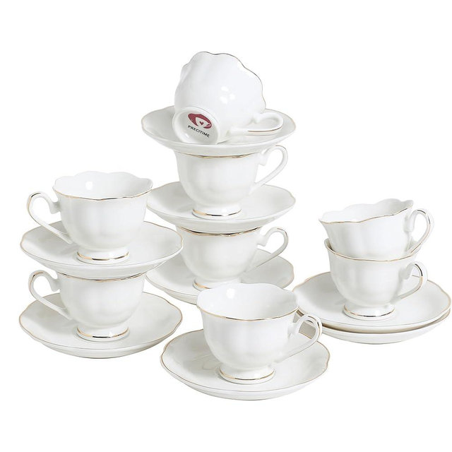 PRECITIME White Porcelain Demitasse Set of 8 (16-Piece) - 2.5oz Espresso Cups & Saucers, Elegant White & Gold Trim Coffee Set for Turkish Coffee, After Dinner, Gift Giving