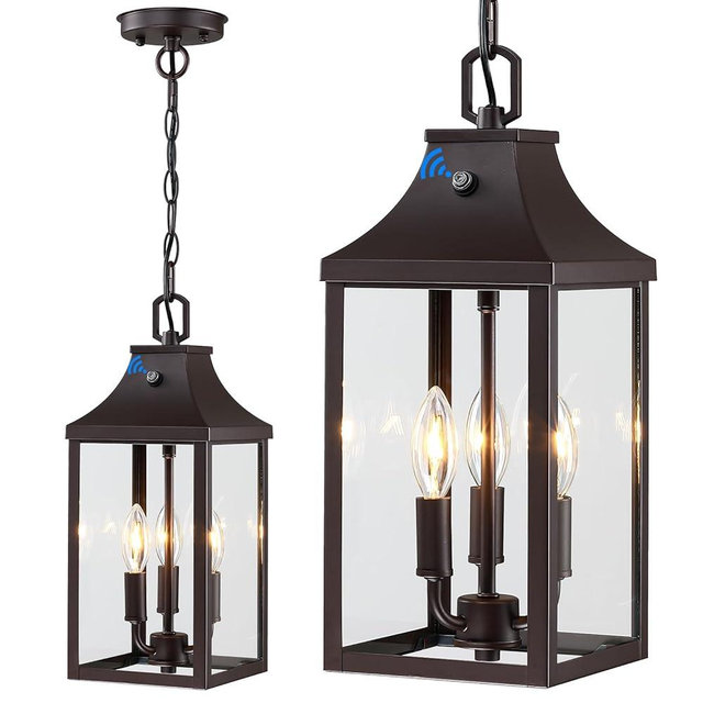 15.5'' Large Outdoor Pendant Light Fixtures 3-Light, Dusk to Dawn Exterior Hanging Lantern Porch Light Adjustable, Brown Hanging Lamp Farmhouse Exterior Chandelier Ceiling Mount for Entrance Patio