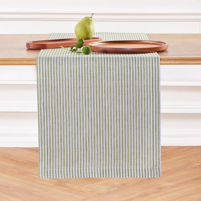 Solino Home Stripe Linen Table Runner 120 inches Long – 100% Pure Linen Avocado and White Fall Table Runner 14 x 120 Inch – Farmhouse Table Runner for Thanksgiving, Christmas – Narrow Stripe