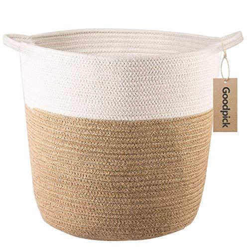 Goodpick Cotton Rope Storage Basket- Jute Basket Woven Planter Basket Rope Laundry Basket with Handles for Toys, Blanket and Pot Plant Cover, 16.0" x15.0" x12.6"