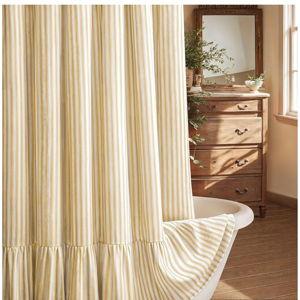 Farmhouse Shower Curtain with Ruffle Hem Linen Shower Curtains for Bathroom Country Vintage Rustic Natural Fabric, Cream-Yellow Stripe 72" W x 72" L