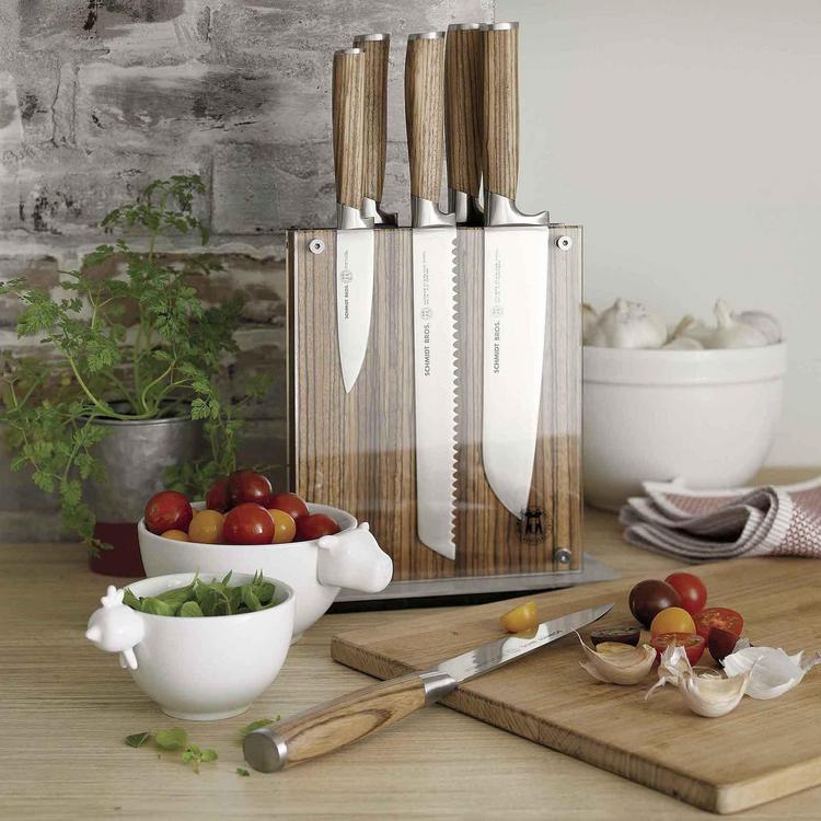 Schmidt Brothers Cutlery 6pc Walnut and Brass Knife Block Set
