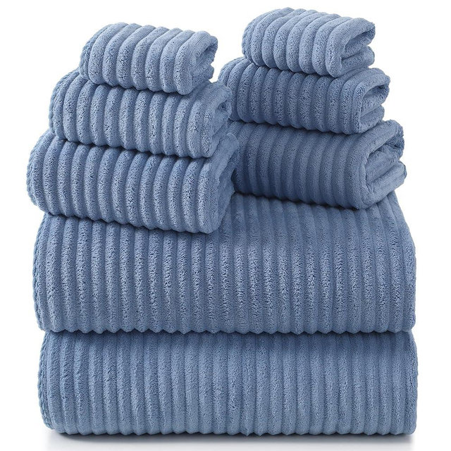 REDKISS Blue Bath Towels Set 8 Piece - Microfiber Bathroom Towels of 8 Large, Highly Absorbent Bath Towel, Soft Shower Towel for Bathroom, Hotel 2 Bath Sheet 2 Hand 2 Washcloths 2 Hair Towel Wrap