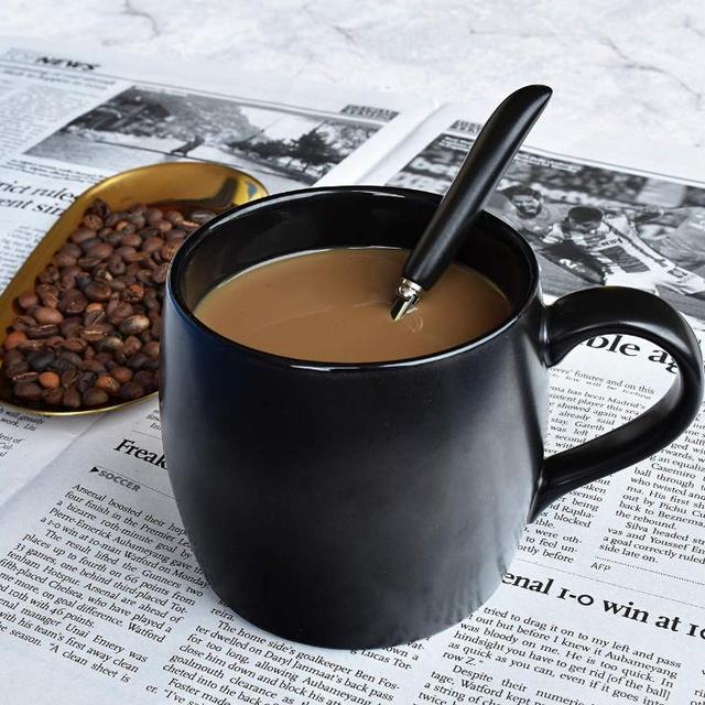 Ceramic Coffee Mug with Spoon, 1 Pack (Matte Black)