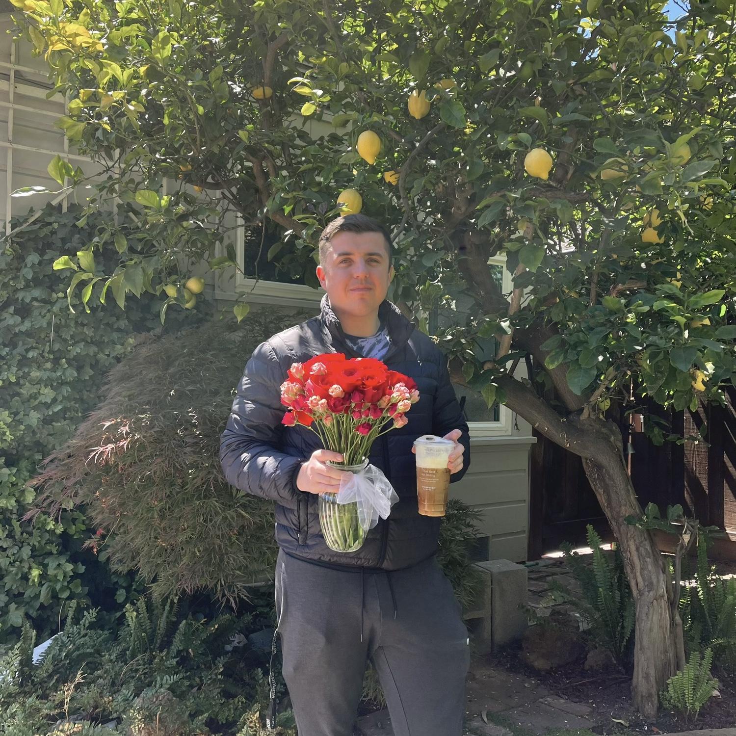 Conor dropping by with roses and coffee, "just because" :)