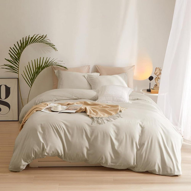 AMWAN Queen Size Soft Microfiber Duvet Cover Set - Beige Tan Comforter & 2 Pillowcases with Zipper Closure