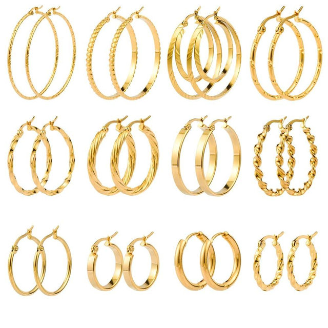 Jinxiuge 12 Pairs Gold Hoop Earrings Set Stainless Steel Twisted Round Small Chunky Hoop Earrings for Women