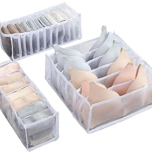 SPECIALTY Underwear Organizer, Women Underwear Lingerie Bra Foldable Drawer Small dividers Collapsible Bins for Storage Compartment Box mesh Simple houseware Includes 6/7/11 Grid Set of 3 (White)