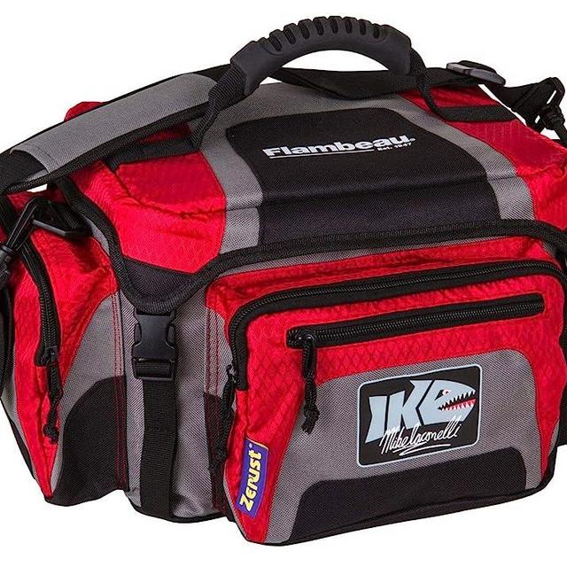 Flambeau Outdoors 400ZK-1 "IKE" 400 Tackle Bag, Portable Fishing Organizer Shoulder Satchel with Tuff Tainers Inside - Gray/Red
