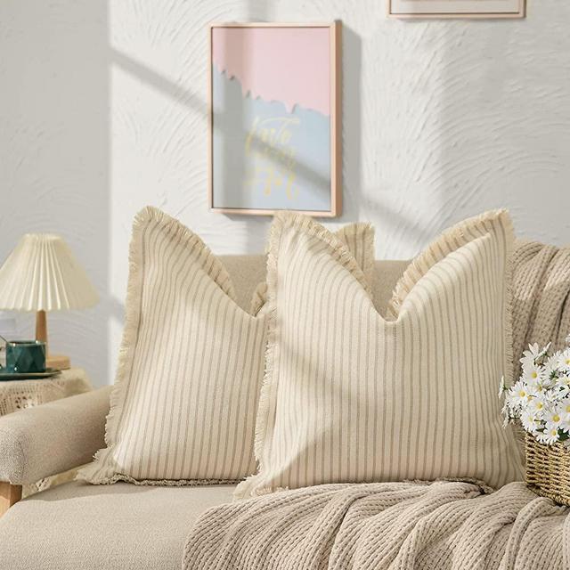 ZWJD Throw Pillow Covers 20x20 Set of 2 Striped Pillow Covers with Fringe Chic Cotton Decorative Pillows Square Cushion Covers for Sofa Couch Bed Living Room Farmhouse Decor