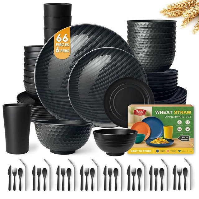 Teivio 66-Piece Kitchen Plastic Wheat Straw Dinnerware Sets for 6, Dinner Plates, Plates and Bowls Sets,Cups, Flatware, Dishwasher Safe, Unbreakable Apartment Outdoor Camping Dishes, Black