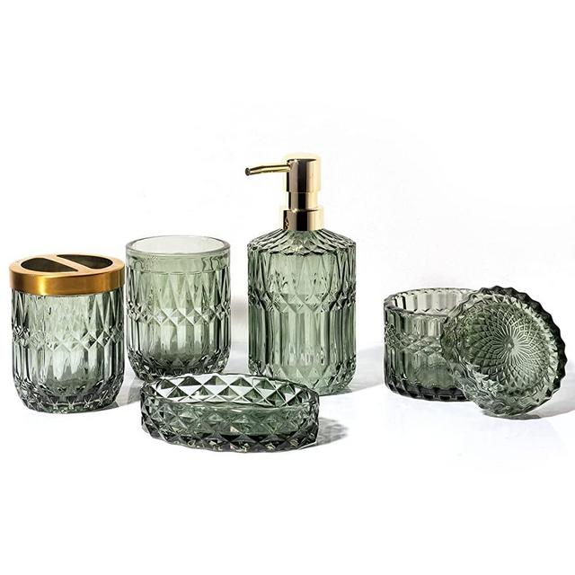 EMPO 6PCS Bathroom Glass Accessories Set (Lotion Soap Dispenser, Soap Dish, Toothbrush Holder, Tumbler, Cotton Swab Jar) Contemporary Modern Decor Crystal Clear Vintage Gift (6pcs Green)
