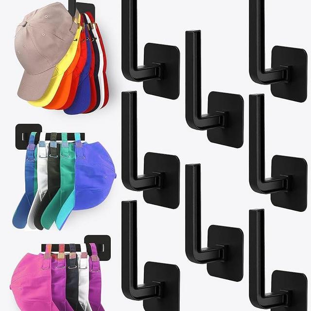 Sunfanie Hat Rack for Hat Storage (8-Pack), Multi-Purpose Hat Organizer, Strong Adhesive Hat Hooks for Wall Hat Organizer for Baseball Caps, Two Mounting Options Hat Hook, Black