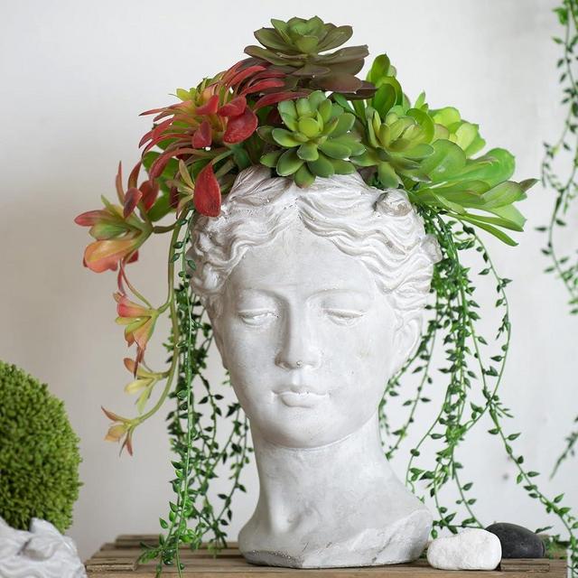 Female Statue Head Cement Planter, Greek/Roman Style Creative Portrait Cement Flower Pot, Unique Planter Pot for Indoor Outdoor Home Garden Decor (7" D x 11" H)