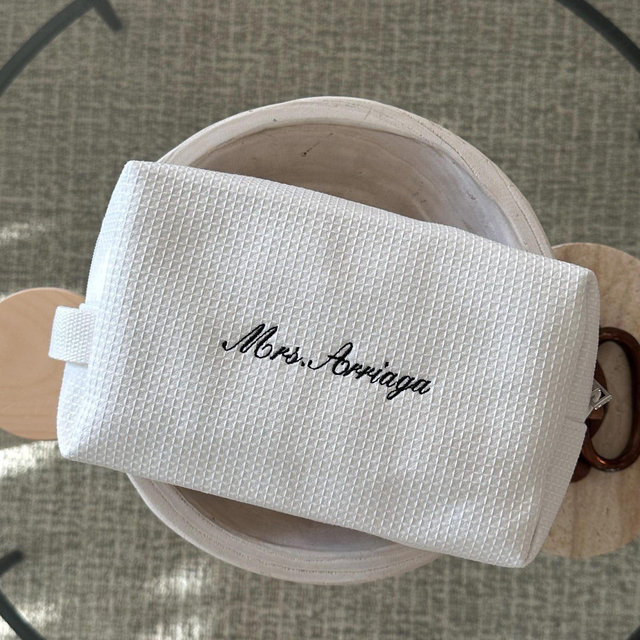 Personalized Waffle Makeup Bag | Custom Embroidered Mrs Last Name | Bridal Gift