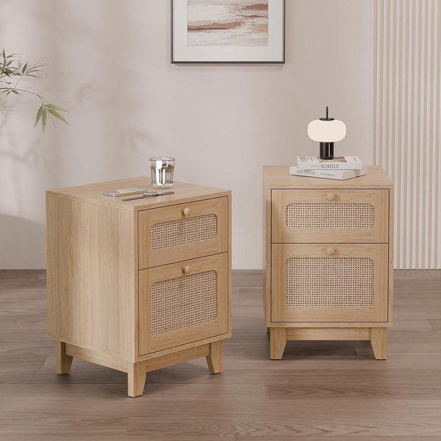 Modern Rattan Nightstand Set of 2, Wicker Rattan Stand with Drawer and Charge Station, Wooden Bedside Table for Small Spaces, Natural Wood Side Table for Bedroom(No Charging Station, 2)