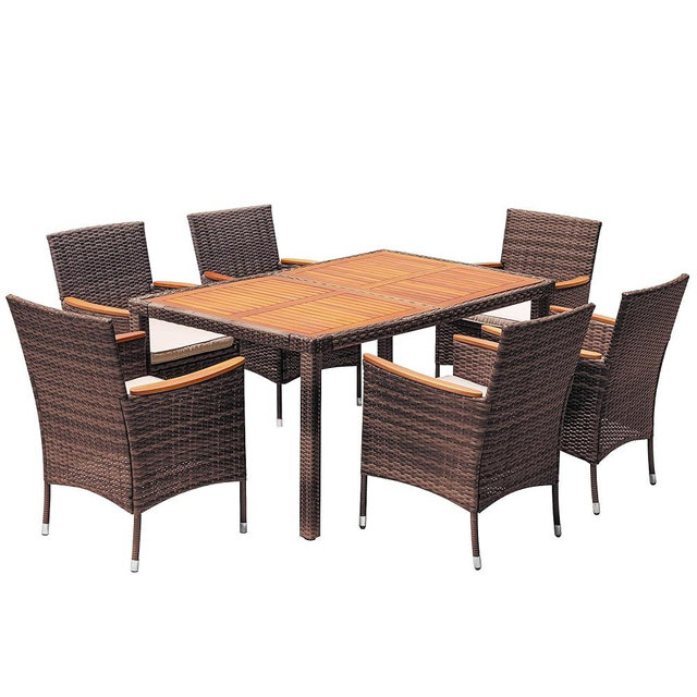 Devoko Dining 7 PCS Furniture, Patio Conversation Set with Acacia Wood Table Top, Outdoor, Beige Cushion and Brown Rattan