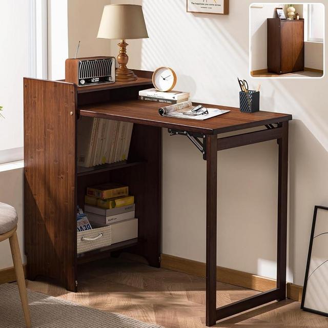 Usofhaus Bamboo Folding Desk with Storage, Space-Saving Foldable Computer Desk for Small Spaces, Writing Study Table for Home Office, Bedroom, Dorm, Apartment,Dark Brown