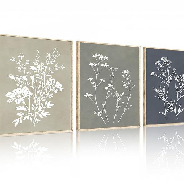 HOURIA Boho Vintage Floral Silhouette Framed Canvas Wall Art Set,Minimalist Modern White Line Wildflowers Wall Decor,Neutral Rustic Flower Botanical Artwork for Living Room,Bedroom,Farmhouse-12"x16"x3