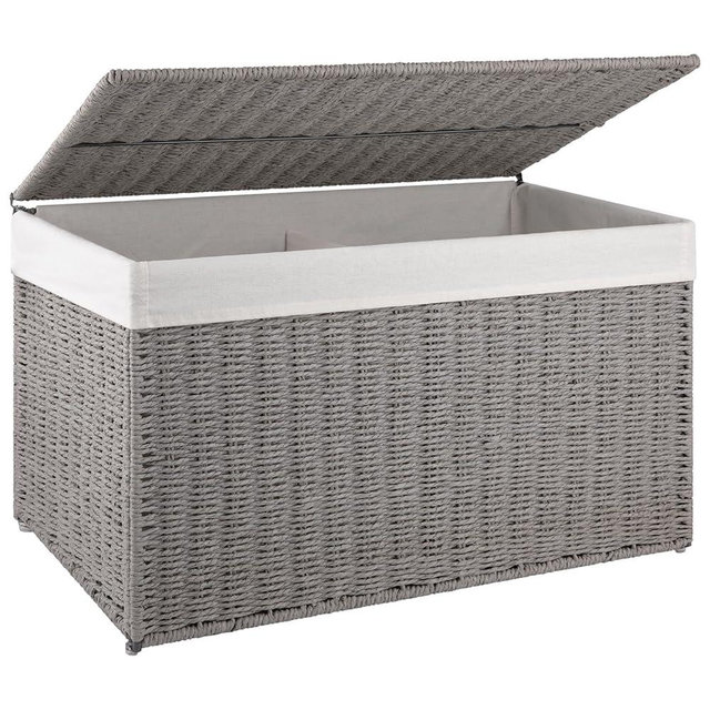 OIAHOMY Storage Basket with Lid, 27.7 Gallon (105L) Blanket Basket with Removable Separated Liner Bag, Paper Rope Hamper with Handle, Foldable, Shelf Basket for Living Room, Grey