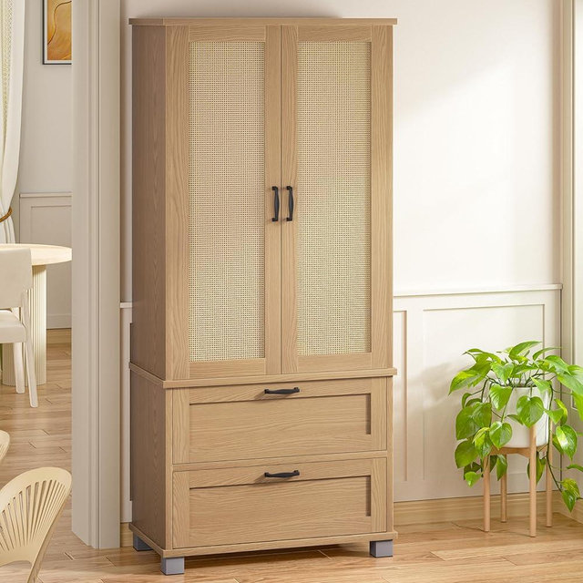 Meilocar Pantry Cabinet, Natural Wood Pantry Cabinet with Rattan Doors and 2 Drawers, Freestanding Tall Storage Cabinets with Wine Rack