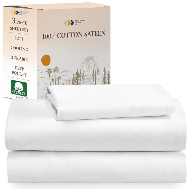 California Design Den Soft 100% Cotton Sheets Twin Size Bed Sheet Set with Deep Pockets, Twin Sheets with Sateen Weave for Dorm Rooms, Cooling Sheets (White)