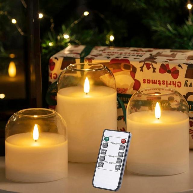 volnyus White Glass Flameless Candles Set of 3 (Φ 4" H 4" 5" 6") with Remote Battery Operated Flickering LED Pillar Candles Real Wax 3D Wick