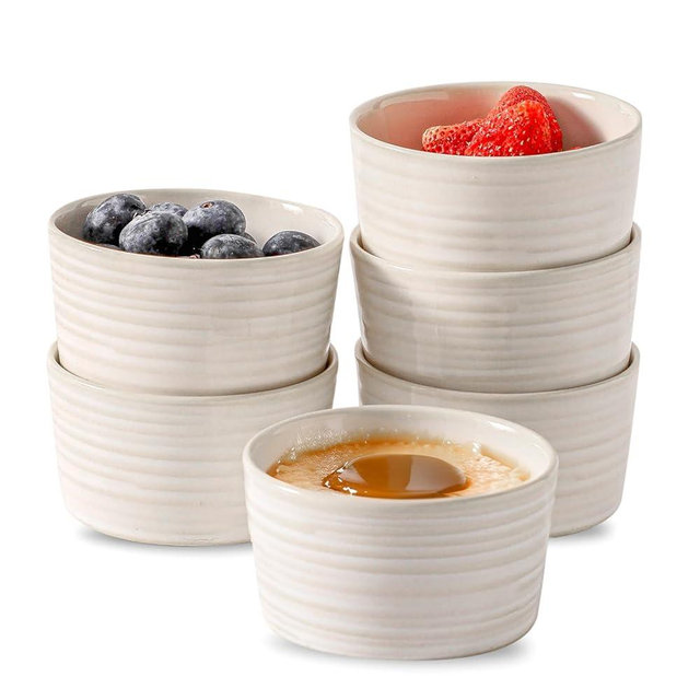 Hasense 4 oz Ramekins Oven Safe, Ceramic Creme Brulee Bowls Set of 6, Mini Baking Dishes for Souffle Pudding, Serving Dip, Custard, Ice Cream, Clay-Infused White