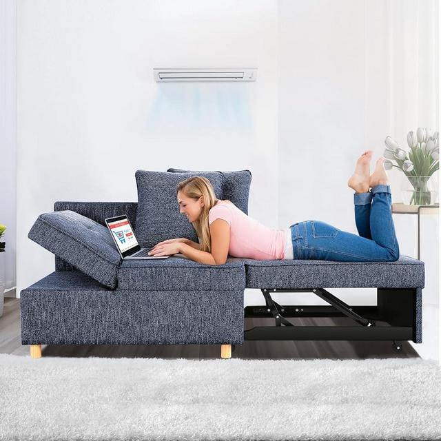 SEJOV Sofa Bed 4-in-1 Convertible Sofas & Couches, 3-Seat Linen Fabric loveseat Sofa with 2 Throw Pillow, Single Recliner for Small Space with 5 Adjustable Backrest, Blue