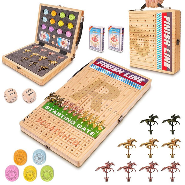 Silkchio 21 Inches Horse Race Board Game, Horse Racing Game with Cards and Dice, 11 Metal Horses, 60 Pcs Poker Chips Set, Solid Wood Across The Board Horse Race Game for Adults Family Friends