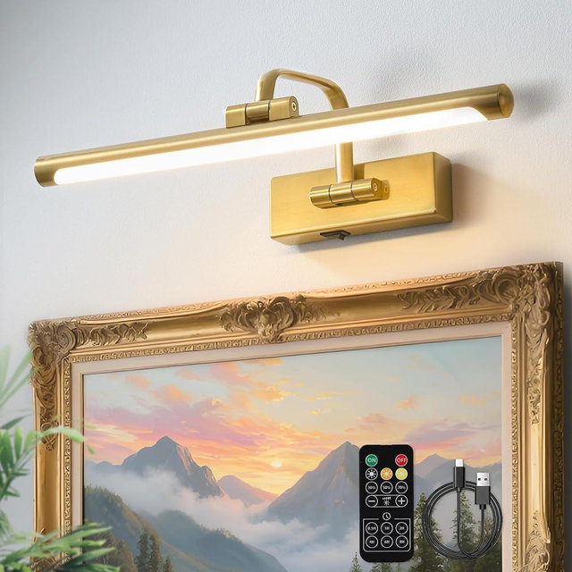 GUIMUIZ Wireless Picture Light for Wall, Rechargeable Light for Pictures with Remote & Timer, 16 Inch Dimmable Gold Art Light for Paintings, Battery Operated LED Wall Light with 3CCT for Gallery