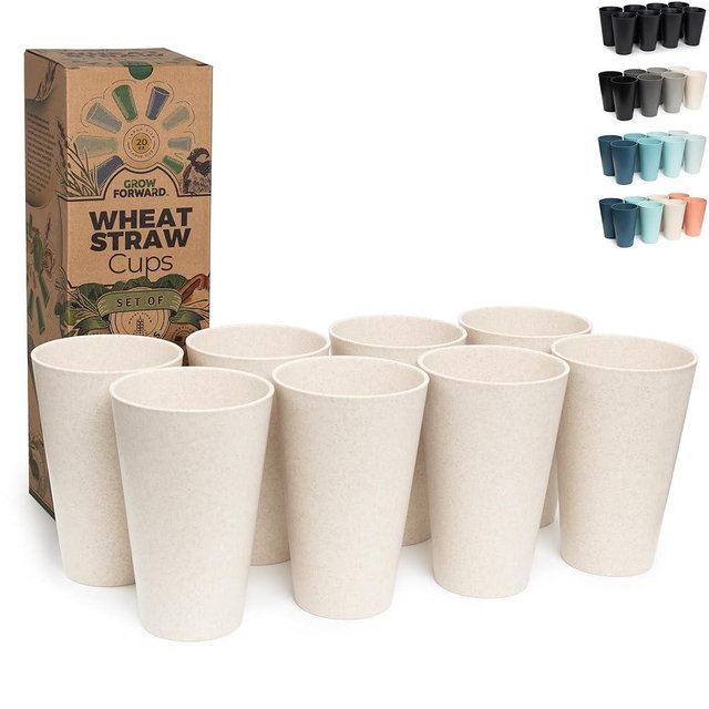 Grow Forward Premium Wheat Straw Cups - 20 oz Unbreakable BPA Free Hard Plastic Cups - Reusable Lightweight Plastic Drinking Glasses for Kitchen, Outdoor, Water, Camping, RV - Sahara