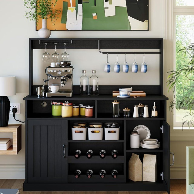 47" Farmhouse Coffee Bar Cabinet with 5 Hooks, Buffet Cabinet with Power Outlets, Goblet Holder, Sideboard Cabinet with Wine Rack Hutch Storage Cabinet for Kitchen & Living Room, Black