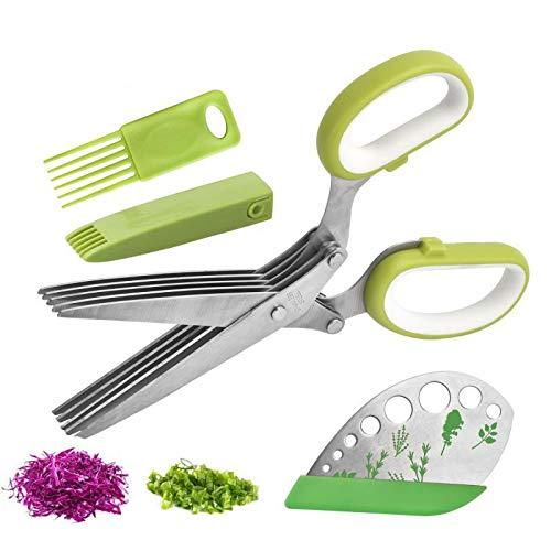 Herb Scissors and Herb Stripper of 2 in 1 Set, Stainless Leaf Herb Stripping Tool, Steel Herb Cutter with Steel Herb Cutter Tools of 5-Blades Scissors, Stripping Tool, Safety Cover and Cleaning Comb