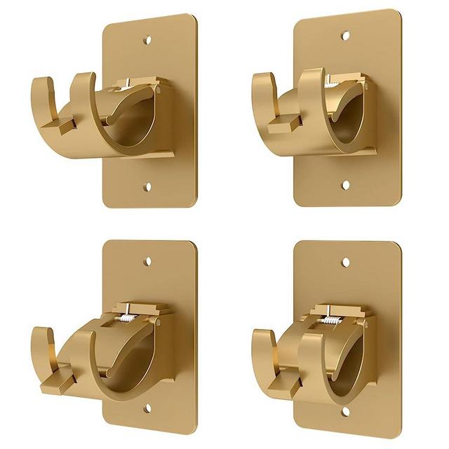 4PCS No Drill Curtain Rod Brackets, Self-Adhesive Curtain Rods No Drilling, Universal Plastic Nail Free Adjustable Curtain Rod Holders, Curtain Hooks for Rod Less Than 1.57 Inch Diameter (Gold)
