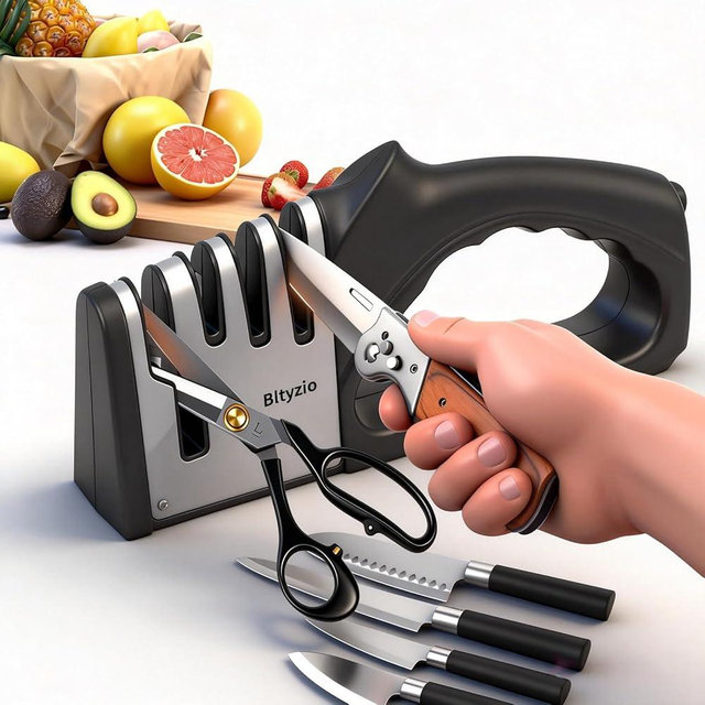 4-In-1 Manual Knife Sharpener for Kitchen Knives & Scissors, Professional Pull-Through Knife Sharpener with Tungsten Steel & Ceramic Slots, Non-Slip Base, Easy to Use for Chef Knives & Serrated Blades