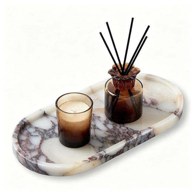 Luxury Natural Oval Marble Tray – 11.8 x 5.9-Inch Calacatta Viola Stone Vanity Tray, Large Makeup Organizer for Perfume Skincare Products, Decorative Tray for Bathroom Coffee Table & Dresser
