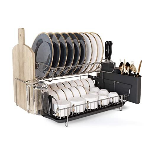 JASIWAY Dish Drying Rack, Kitchen Dish Rack with Drainboard Set, 304 Stainless Steel 2 Tier Dish Drainer for Kitchen Counter, Large Capacity, Unique Design Double-Layer Dish Holder