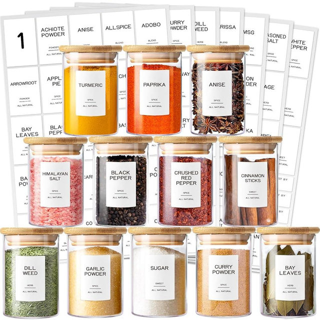 Kuocodall 12 Pcs Glass Spice Jars with Bamboo Airtight Lids & 201 Labels - 8oz Small Empty Food Storage Containers for Kitchen, Seasonings, Herbs, Salt