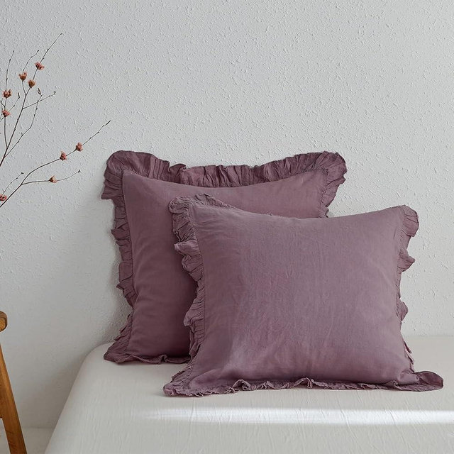 Simple&Opulence 100% Linen Euro Sham Covers with Ruffle, 26x26 Inch Pillow Covers Set of 2, Euro Pillow Shams for Bed Couch French Home Decor Luxury and Breathable Square Pillow Cases, Purple