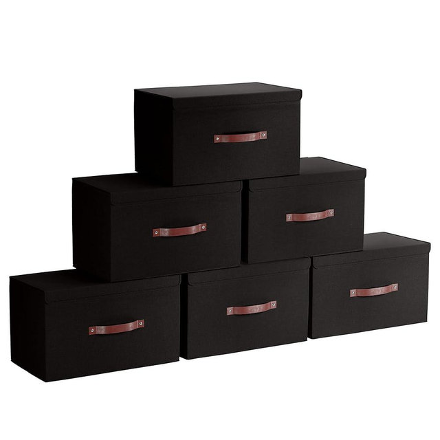 Ornavo Home 6 Pack Collapsible Storage Bins with Lid, Foldable Linen Fabric Shelf Storage Basket Closet Organizer and Large Storage Box for Clothes with Leather Handles, 16.5 x 11.8 x 7.5, Black