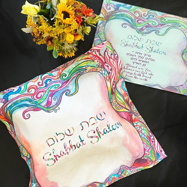 Challah Board & Challah Cover Set, Shabbat Glass Cutting Board and Cover, Gift for Jewish Couple, Customized Challah Board, Shabbat