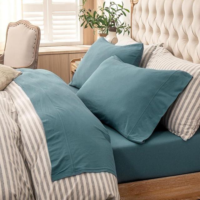 PURE ERA Jersey Knit 4pc Bed Sheet Set 100% T-Shirt Cotton Super Soft Comfy Breathable Fits Mattress Up to 20" Extra Deep Pocket (Solid Cerulean Blue, Cal King)